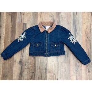 Little‎ Lass Girls Denim Jacket Embroidered Flowers Suede Collar Size 5 Kids